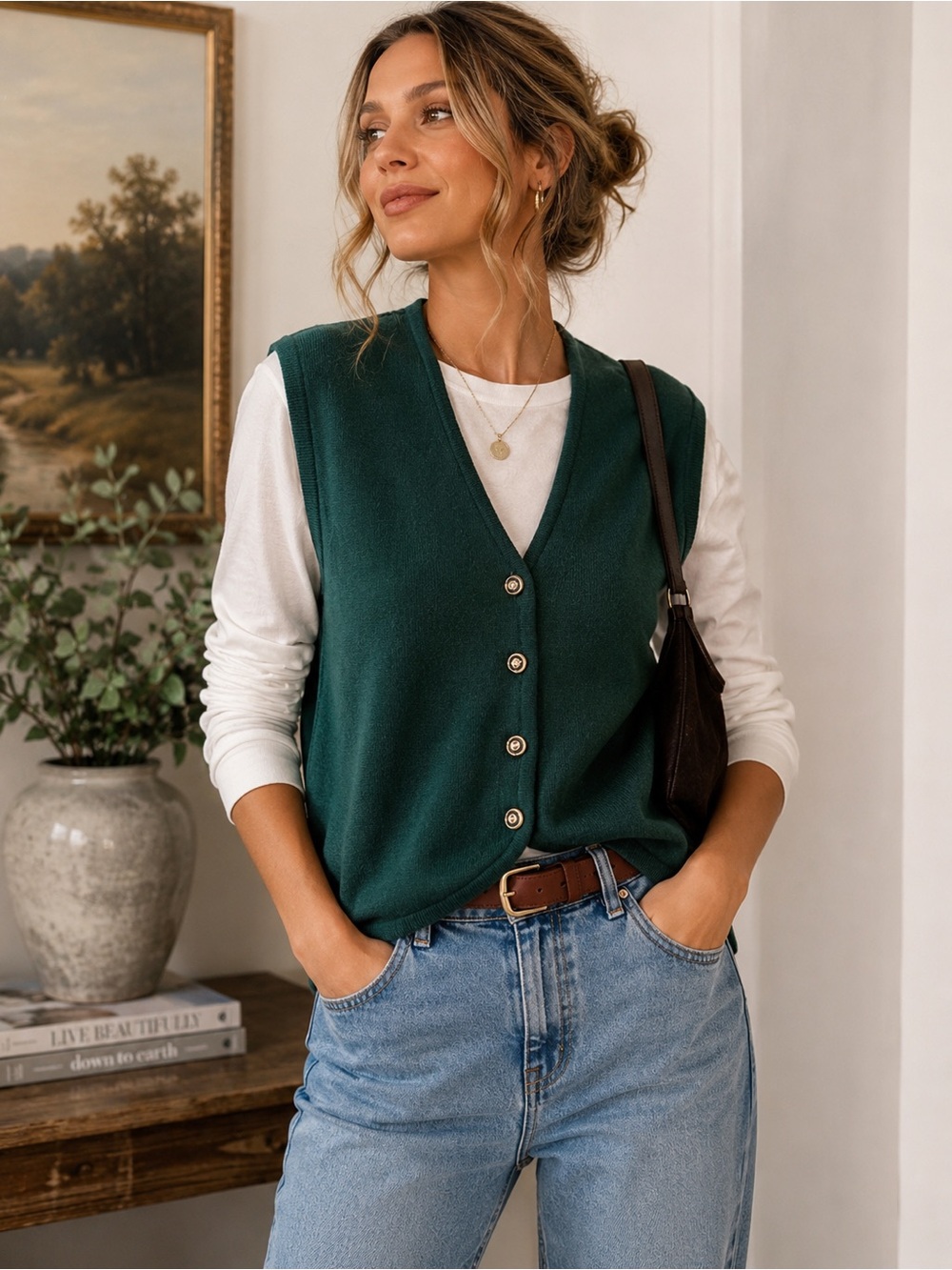 Tabi International Forest Green Button-Front Knit Vest Merino Wool